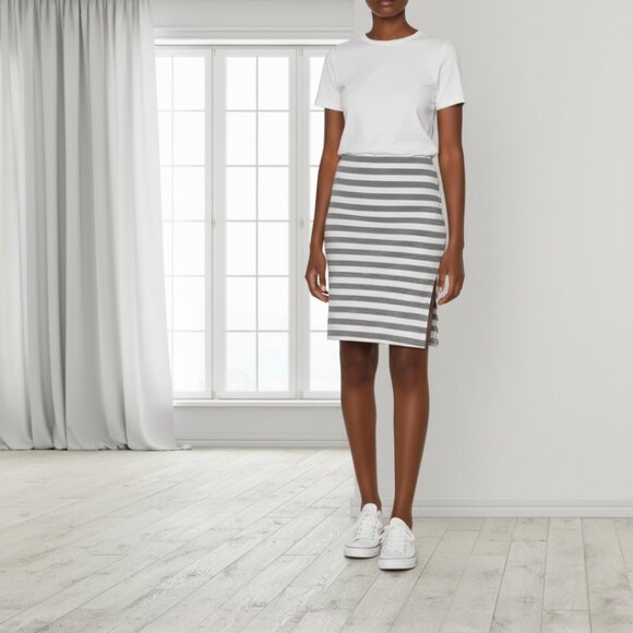 Sundry Revolve Gray White Stripe Cotton Spandex Slit Pencil Skirt XS Jersey Knit - Picture 1 of 11
